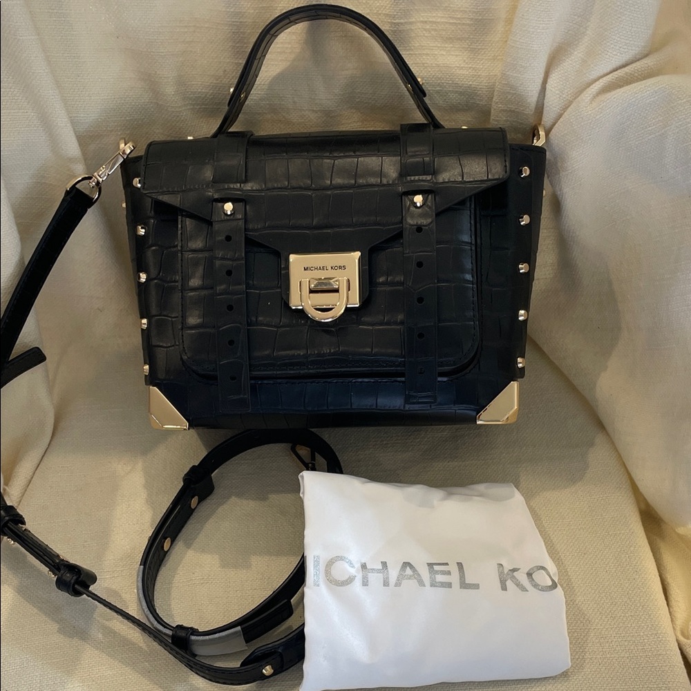 MICHAEL KORS Black Croc-Embossed Satchel with Gold Hardware